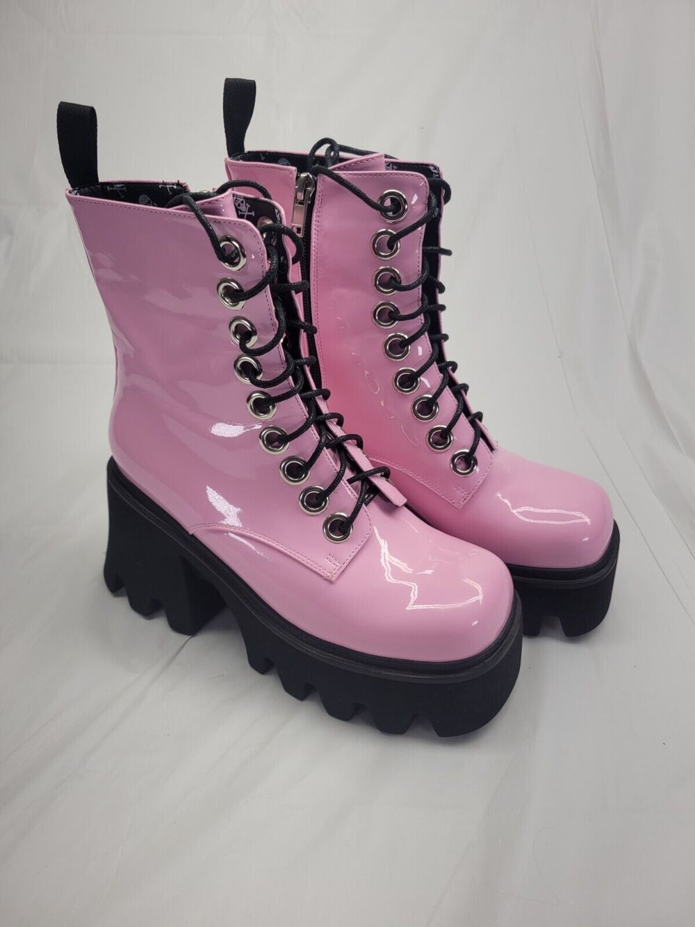 LA MODA Platform Combat Boots Goth Lace Up Side Zip Pink Patent Leather Size 7